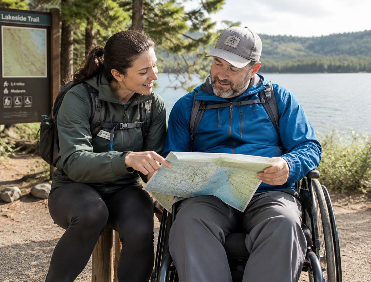 A professional and a man using a wheelchair reviewing a trail map at a lakeside trailhead