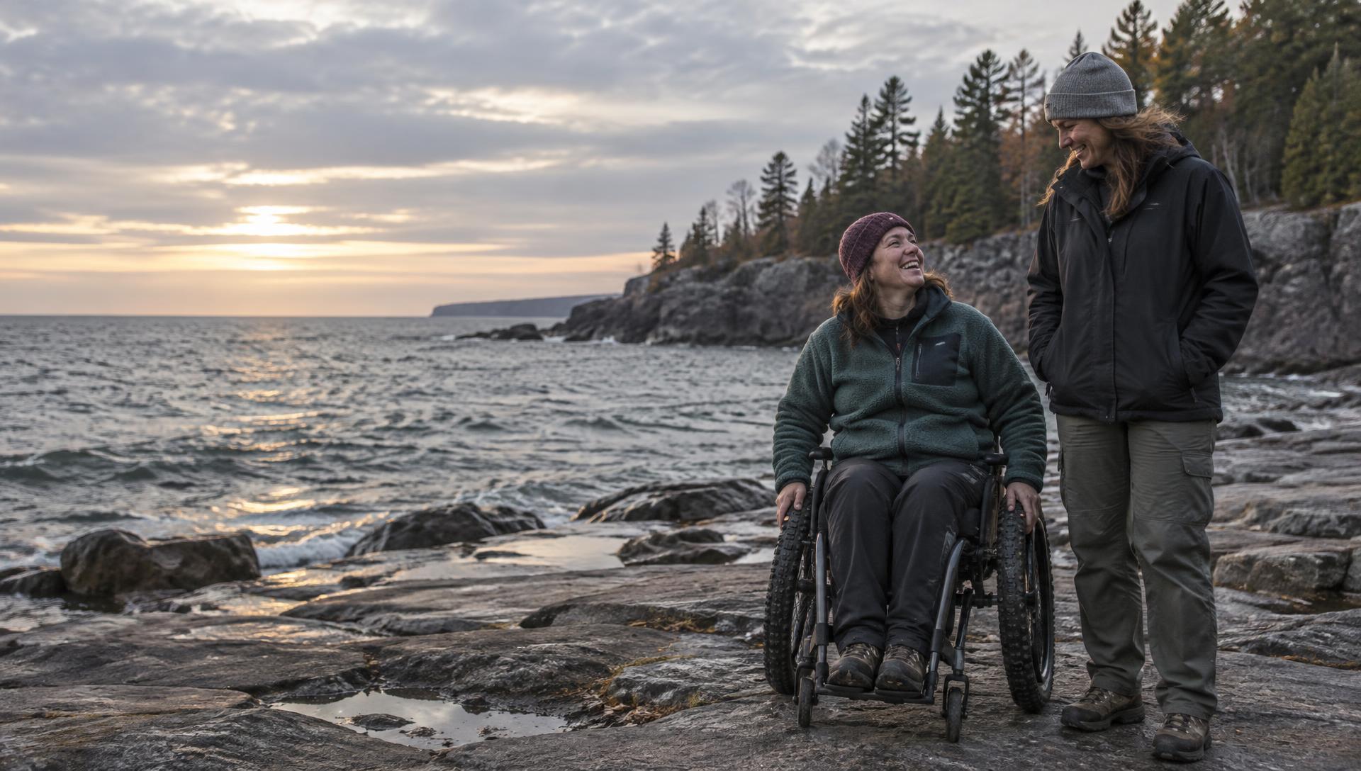 A woman in a wheelchair and her golden retriever watching sunrise over Lake Superior from a rocky overlook