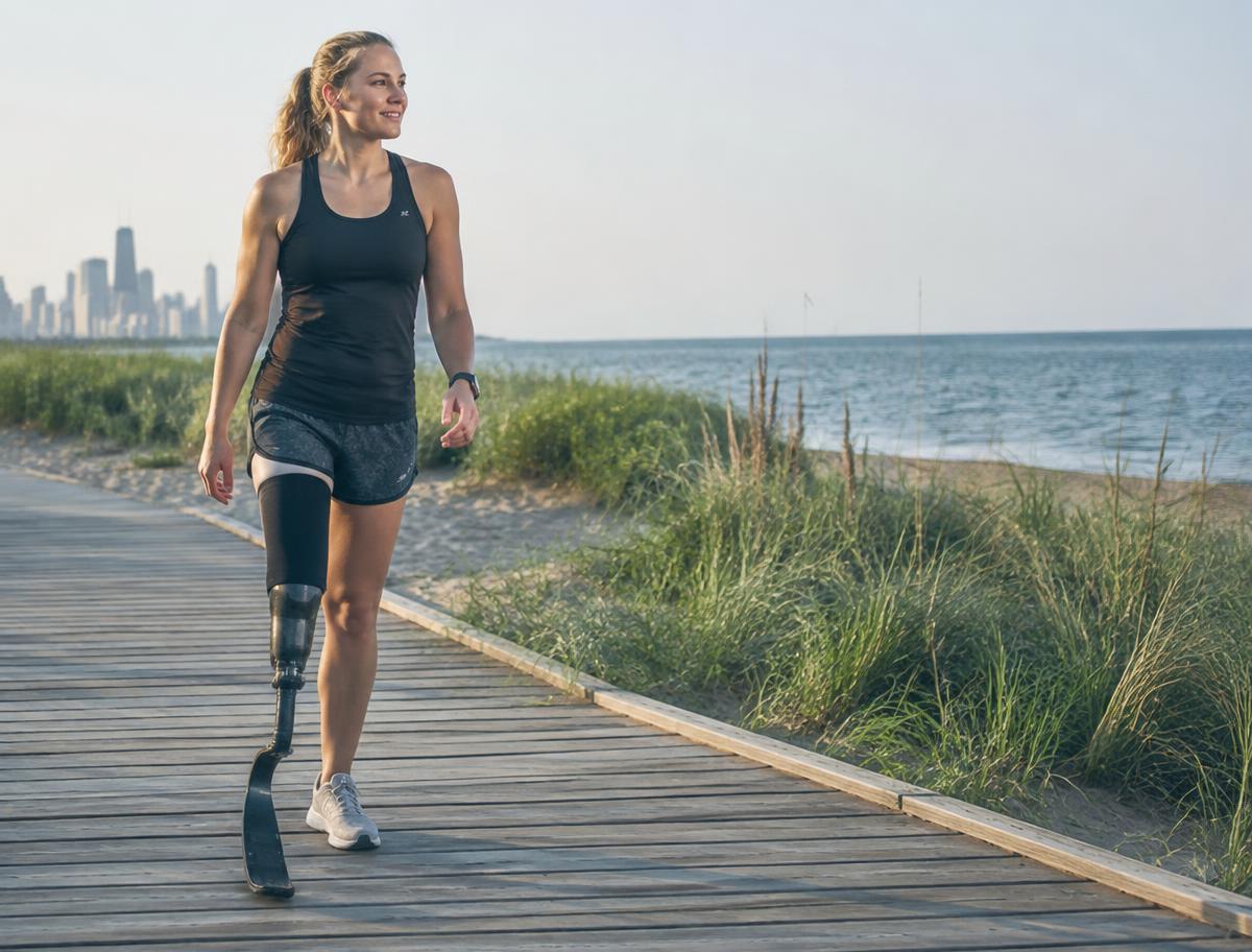 A woman with a running prosthesis walking on a lakeside boardwalk